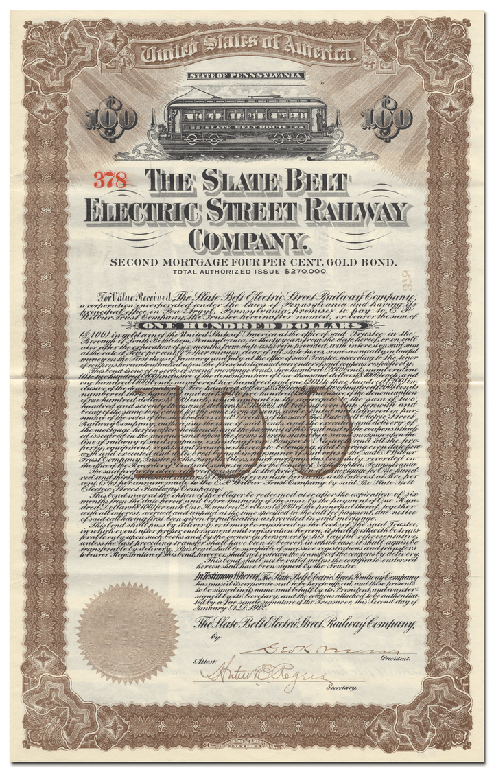 Slate Belt Electric Street Railway Company Bond Certificate