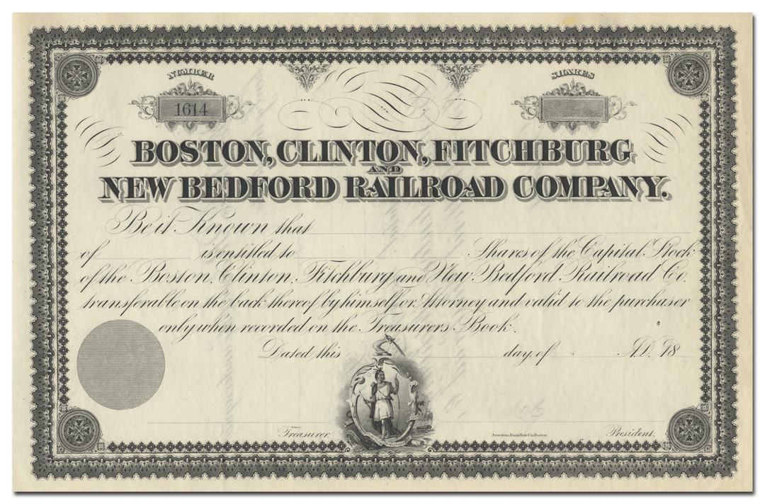 Boston, Clinton, Fitchburg and New Bedford Railroad Company Stock Certificate