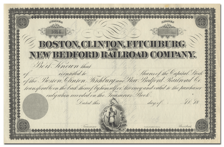 Boston, Clinton, Fitchburg and New Bedford Railroad Company Stock Certificate