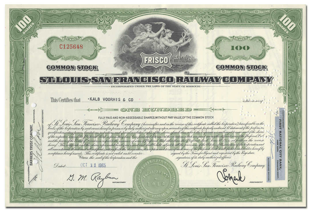 St. Louis - San Francisco Railway Company Stock Certificate