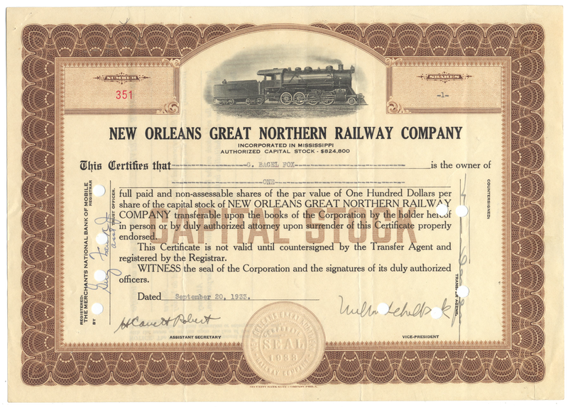 New Orleans Great Northern Railway Company Stock Certificate