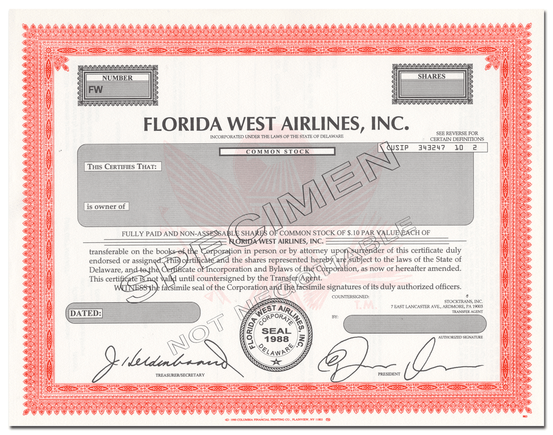 Florida West Airlines, Inc. Specimen Stock Certificate