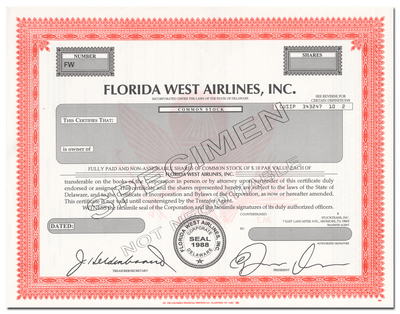 Florida West Airlines, Inc. Specimen Stock Certificate