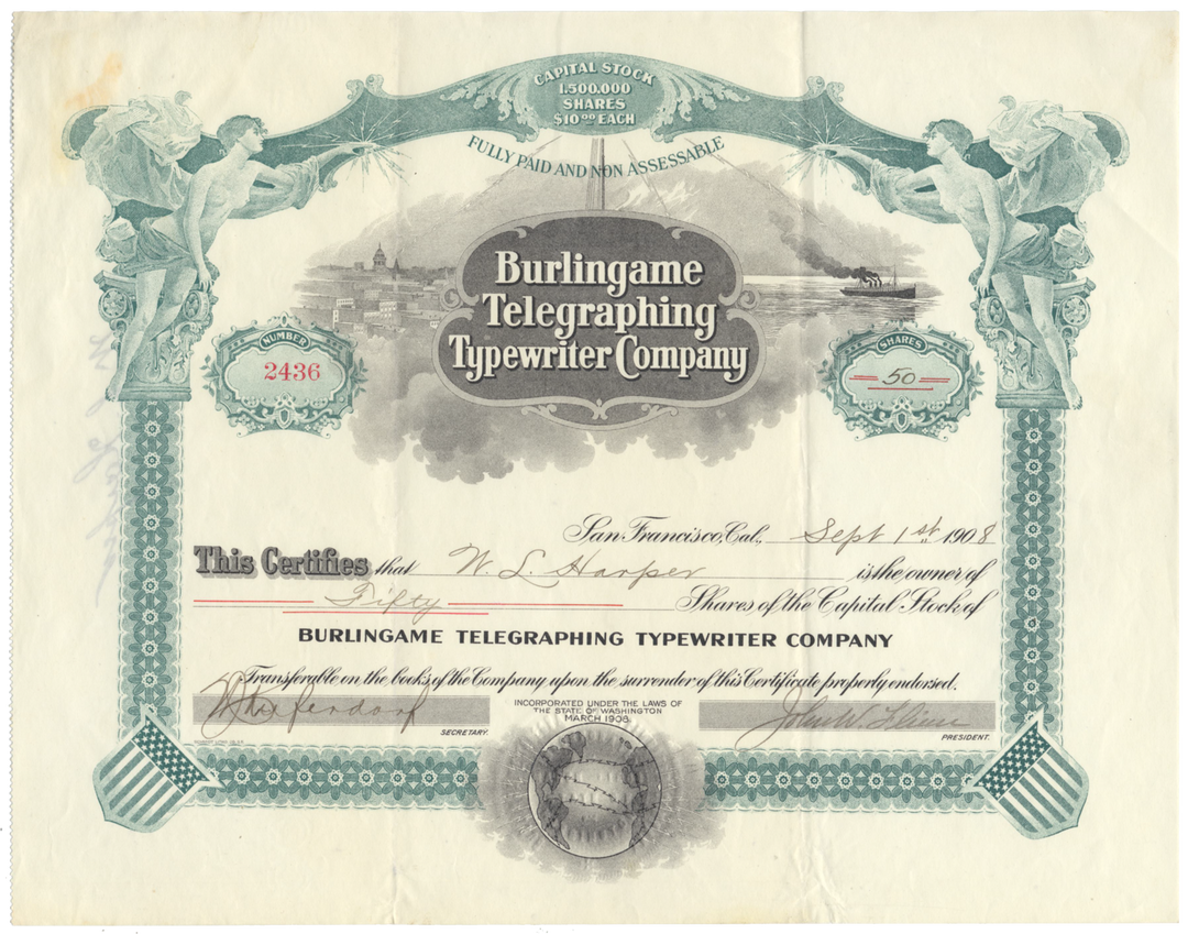 Burlingame Telegraphing Typewriter Company Stock Certificate