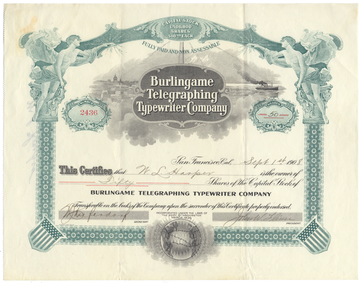 Burlingame Telegraphing Typewriter Company Stock Certificate