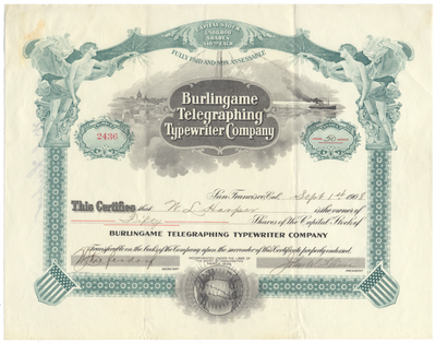 Burlingame Telegraphing Typewriter Company Stock Certificate