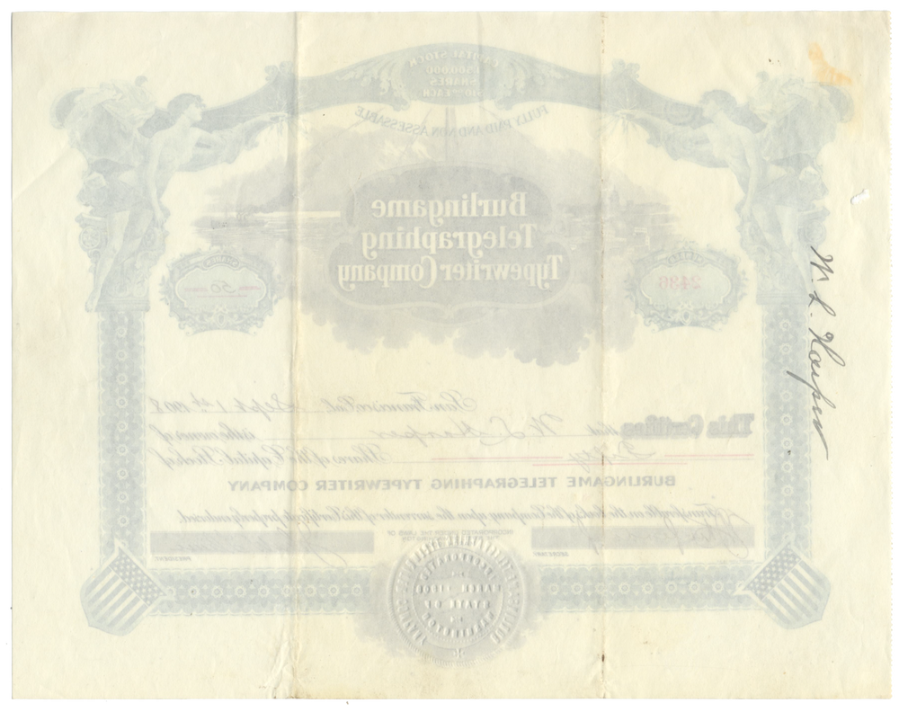 Burlingame Telegraphing Typewriter Company Stock Certificate