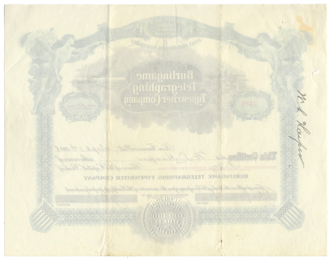 Burlingame Telegraphing Typewriter Company Stock Certificate