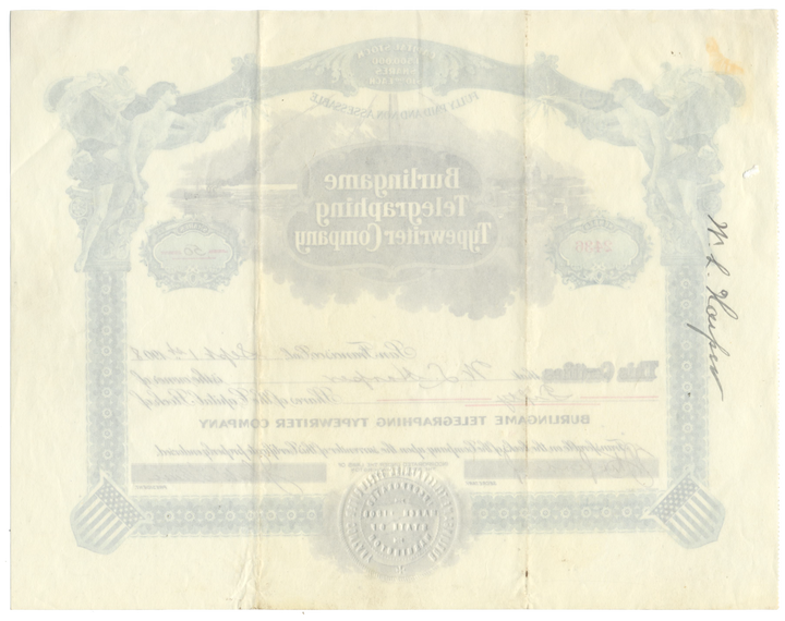 Burlingame Telegraphing Typewriter Company Stock Certificate