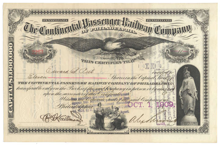 Continental Passenger Railway Company of Philadelphia Stock Certificate