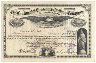 Continental Passenger Railway Company of Philadelphia Stock Certificate