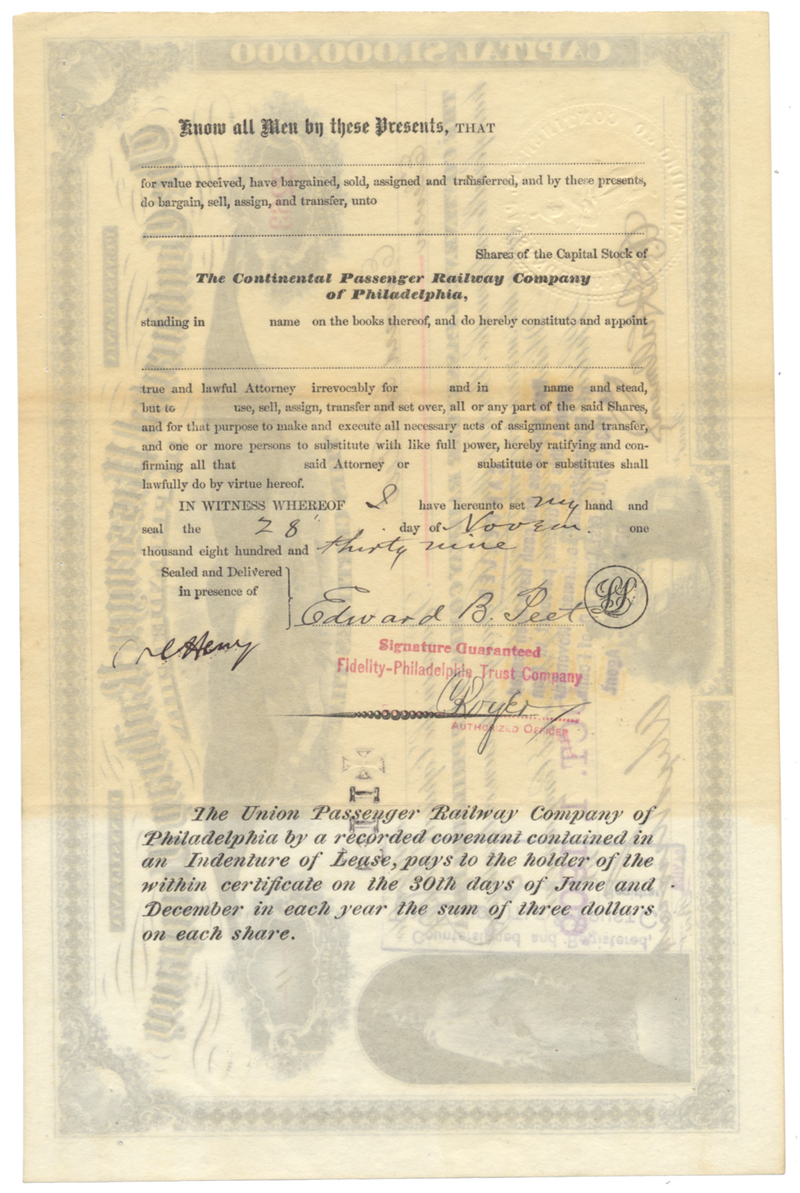 Continental Passenger Railway Company of Philadelphia Stock Certificate