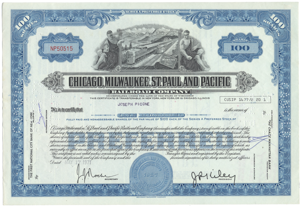 Chicago, Milwaukee, St. Paul and Pacific Railroad Company Stock Certificate