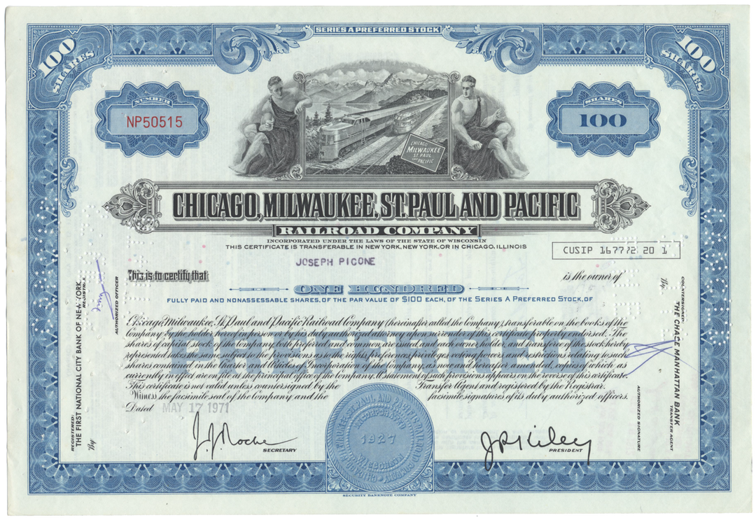 Chicago, Milwaukee, St. Paul and Pacific Railroad Company Stock Certificate