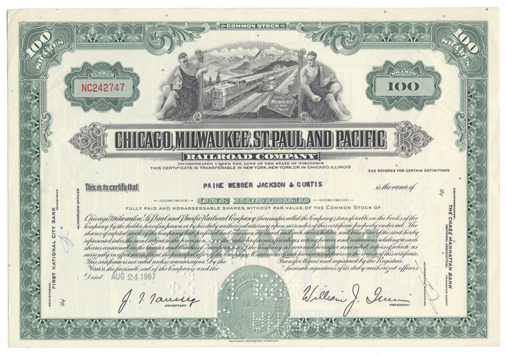 Chicago, Milwaukee, St. Paul and Pacific Railroad Company Stock Certificate