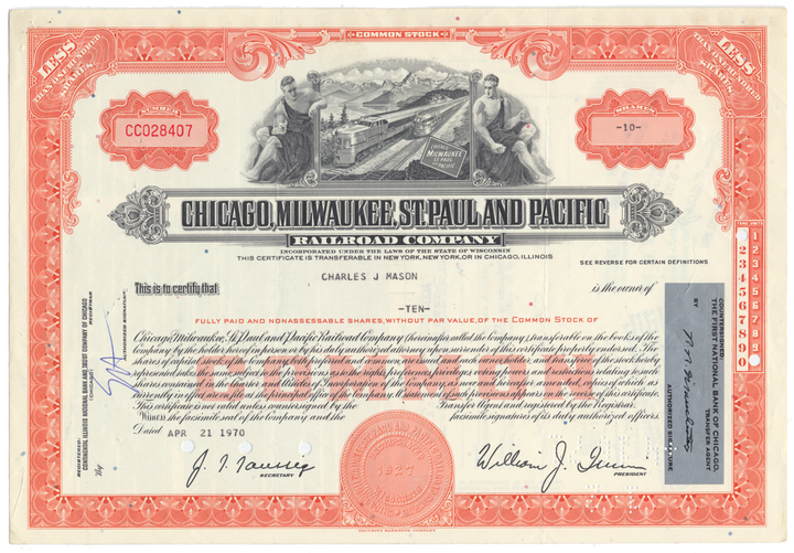 Chicago, Milwaukee, St. Paul and Pacific Railroad Company Stock Certificate