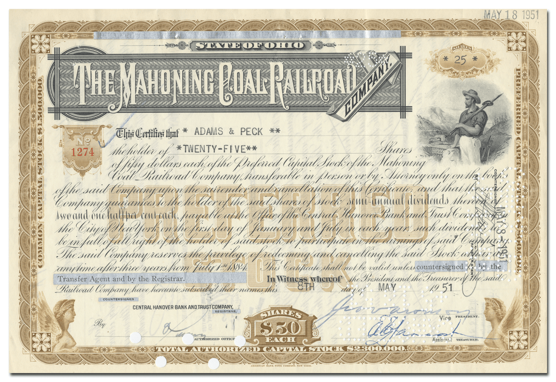 Mahoning Coal Railroad Company Stock Certificate