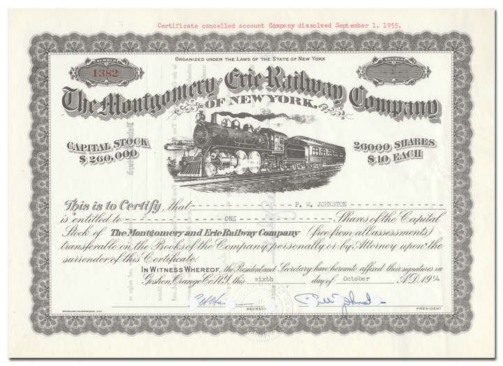 Montgomery and Erie Railway Company of New York Stock Certificate