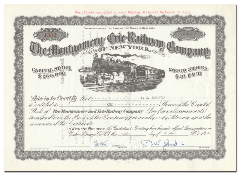 Montgomery and Erie Railway Company of New York Stock Certificate
