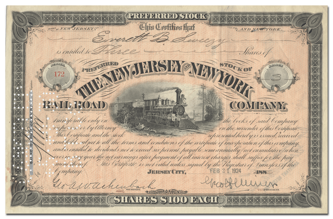 New Jersey and New York Rail Road Company Stock Certificate