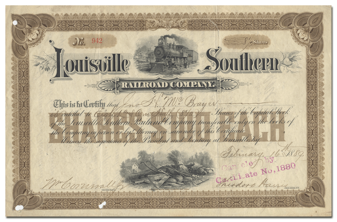 Louisville Southern Railroad Company Stock Certificate