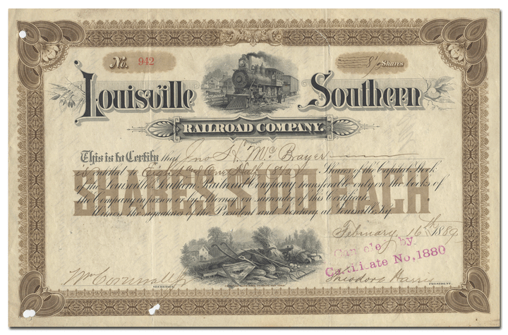 Louisville Southern Railroad Company Stock Certificate