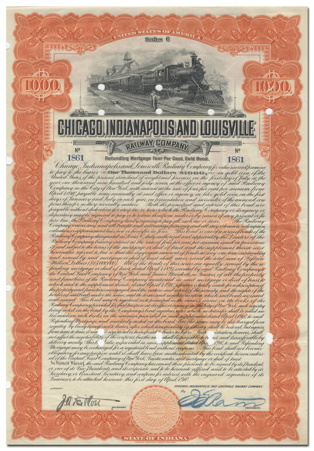 Chicago, Indianapolis and Louisville Railway Company Bond Certificate