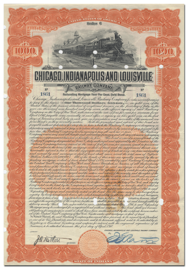 Chicago, Indianapolis and Louisville Railway Company Bond Certificate