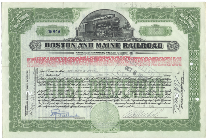 Boston and Maine Railroad Stock Certificate