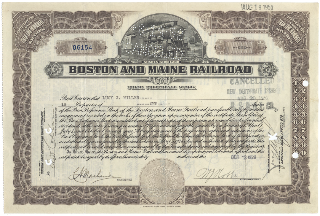 Boston and Maine Railroad Stock Certificate