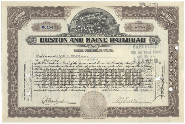 Boston and Maine Railroad Stock Certificate