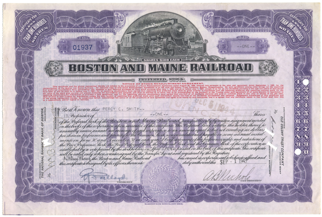 Boston and Maine Railroad Stock Certificate