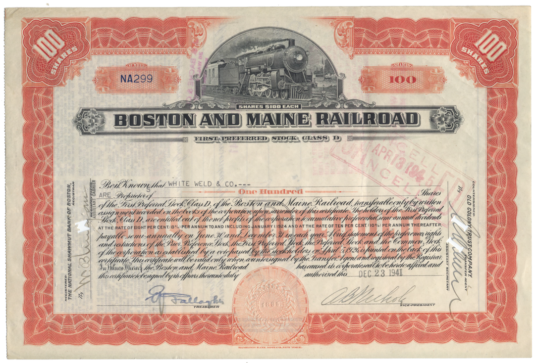 Boston and Maine Railroad Stock Certificate