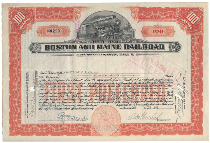 Boston and Maine Railroad Stock Certificate