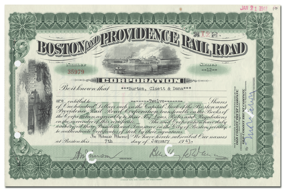 Boston and Providence Rail Road Corporation Stock Certificate