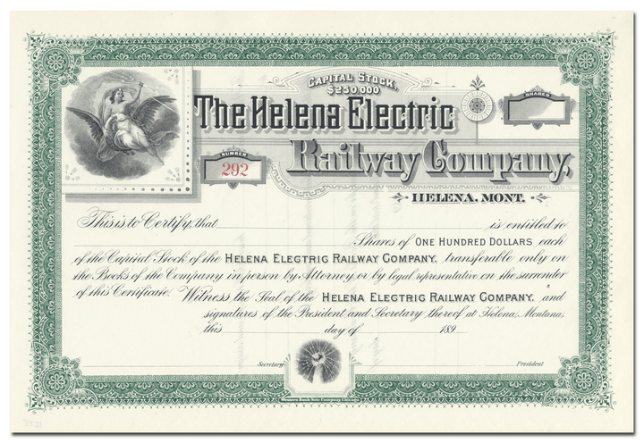 Helena Electric Railway Company Stock Certificate