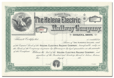 Helena Electric Railway Company Stock Certificate