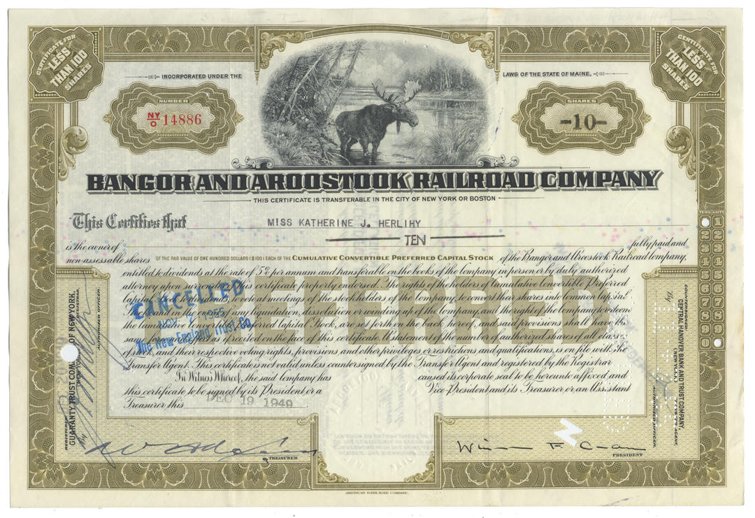 Bangor and Aroostook Railroad Company Stock Certificate