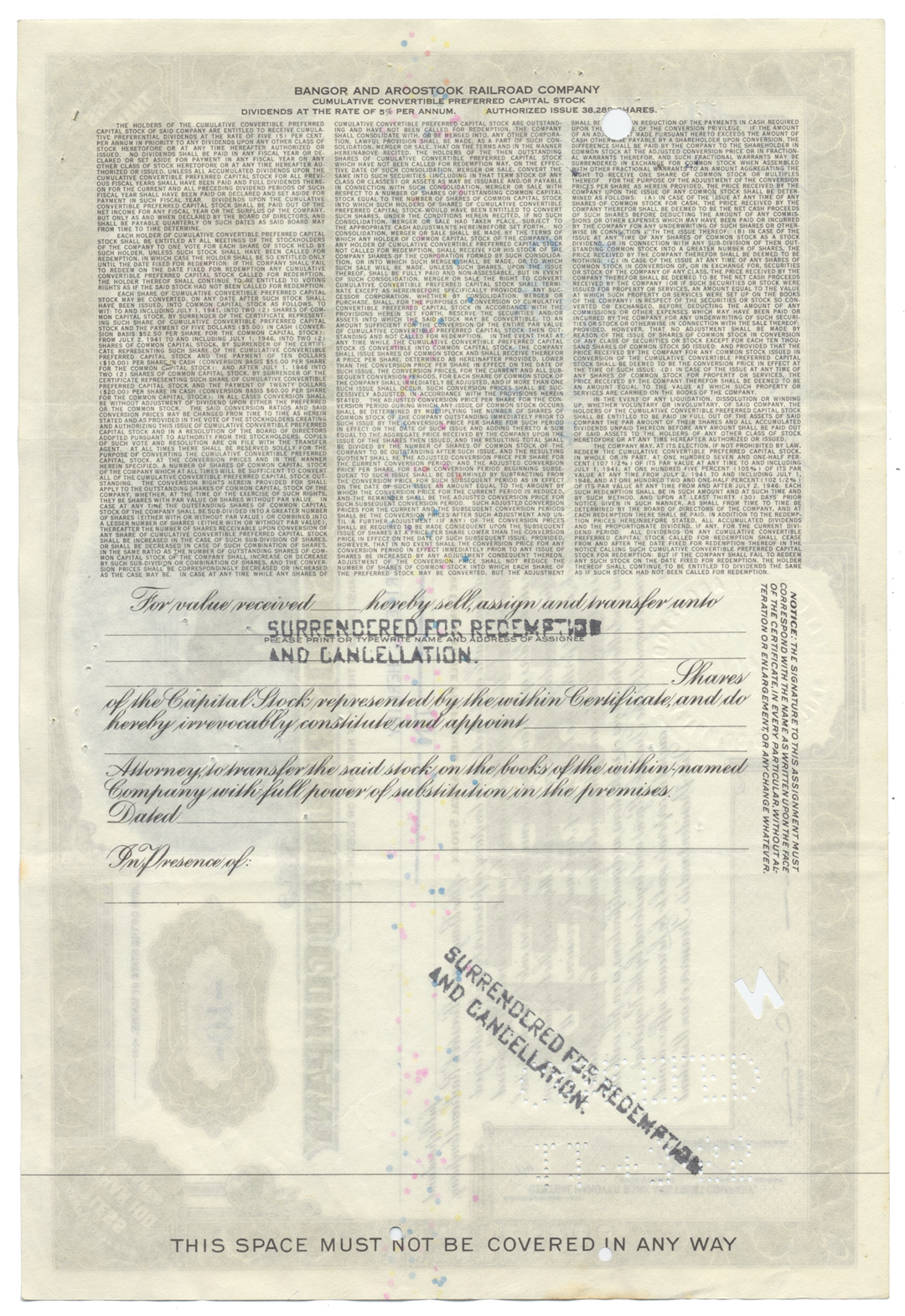 Bangor and Aroostook Railroad Company Stock Certificate