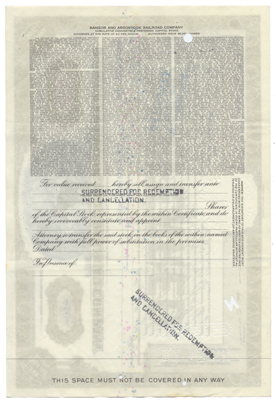 Bangor and Aroostook Railroad Company Stock Certificate
