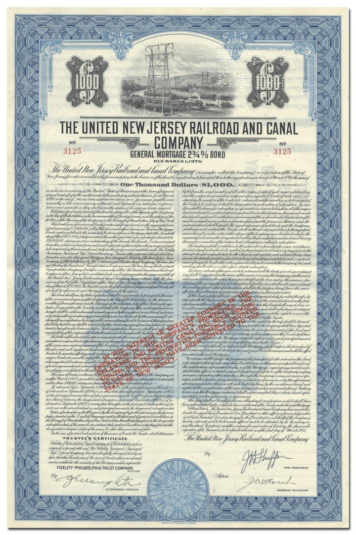 United New Jersey Railroad and Canal Company Bond Certificate