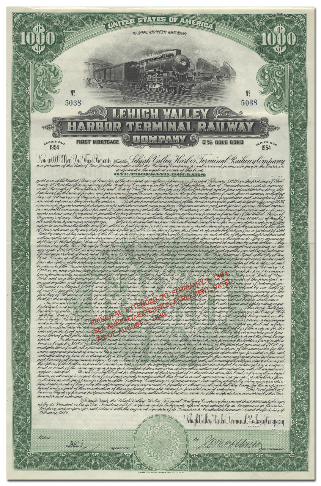 Lehigh Valley Harbor Terminal Railway Company Bond Certificate