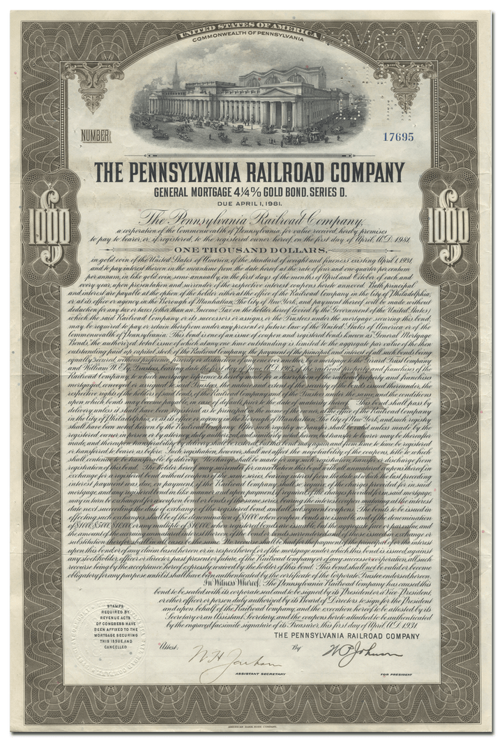 Pennsylvania Railroad Company Bond Certificate