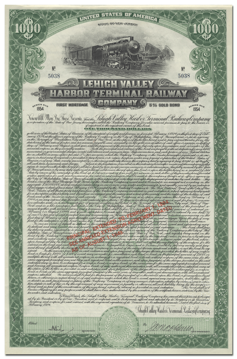 Lehigh Valley Harbor Terminal Railway Company Bond Certificate