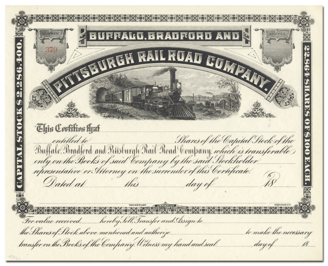 Buffalo, Bradford and Pittsburgh Rail Road Company Stock Certificate