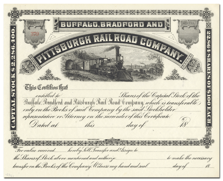 Buffalo, Bradford and Pittsburgh Rail Road Company Stock Certificate