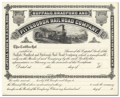 Buffalo, Bradford and Pittsburgh Rail Road Company Stock Certificate