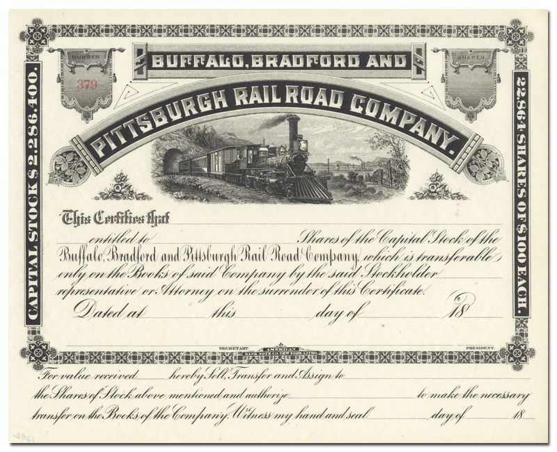 Buffalo, Bradford and Pittsburgh Rail Road Company Stock Certificate