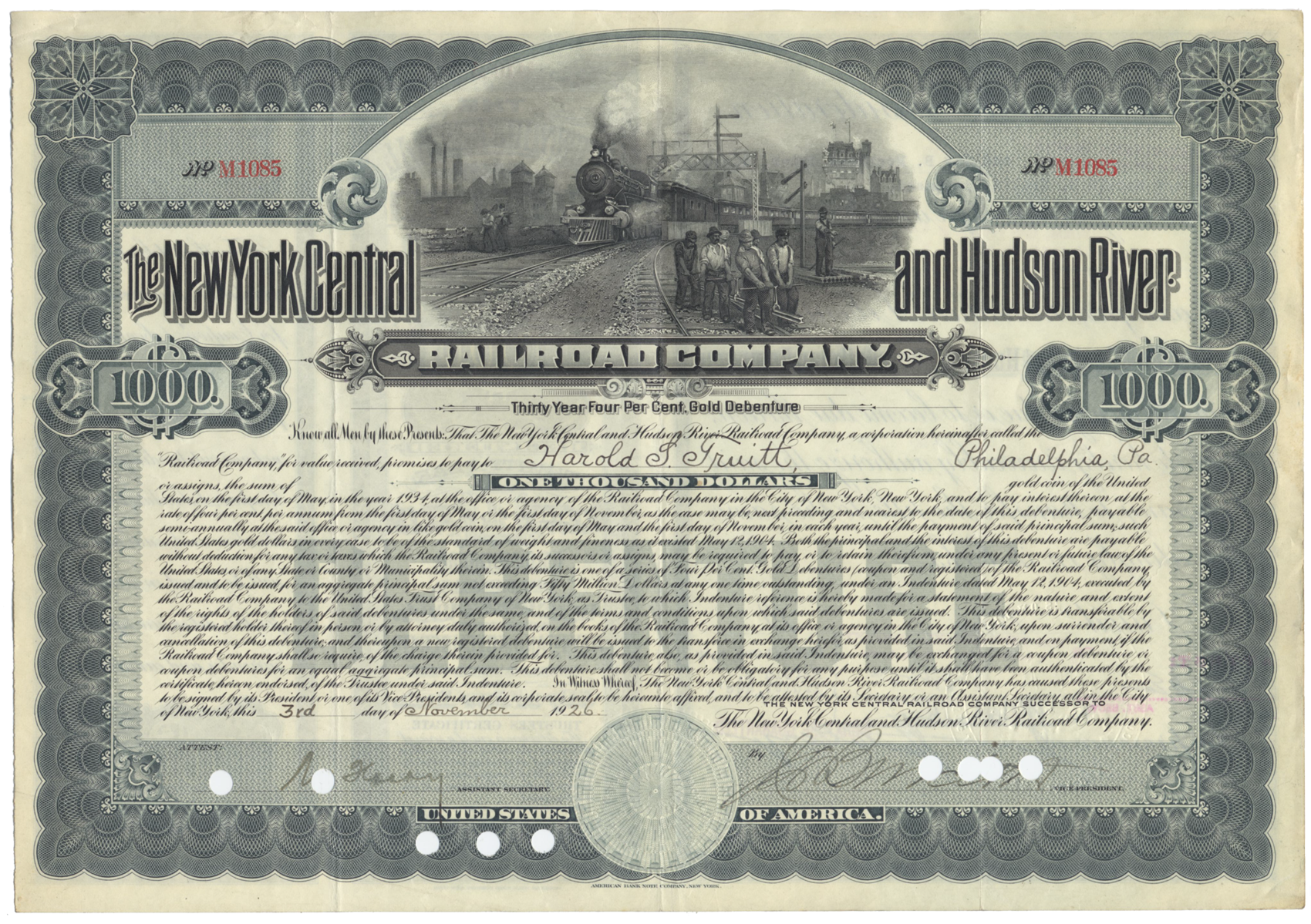 New York Central and Hudson River Railroad Company Bond Certificate