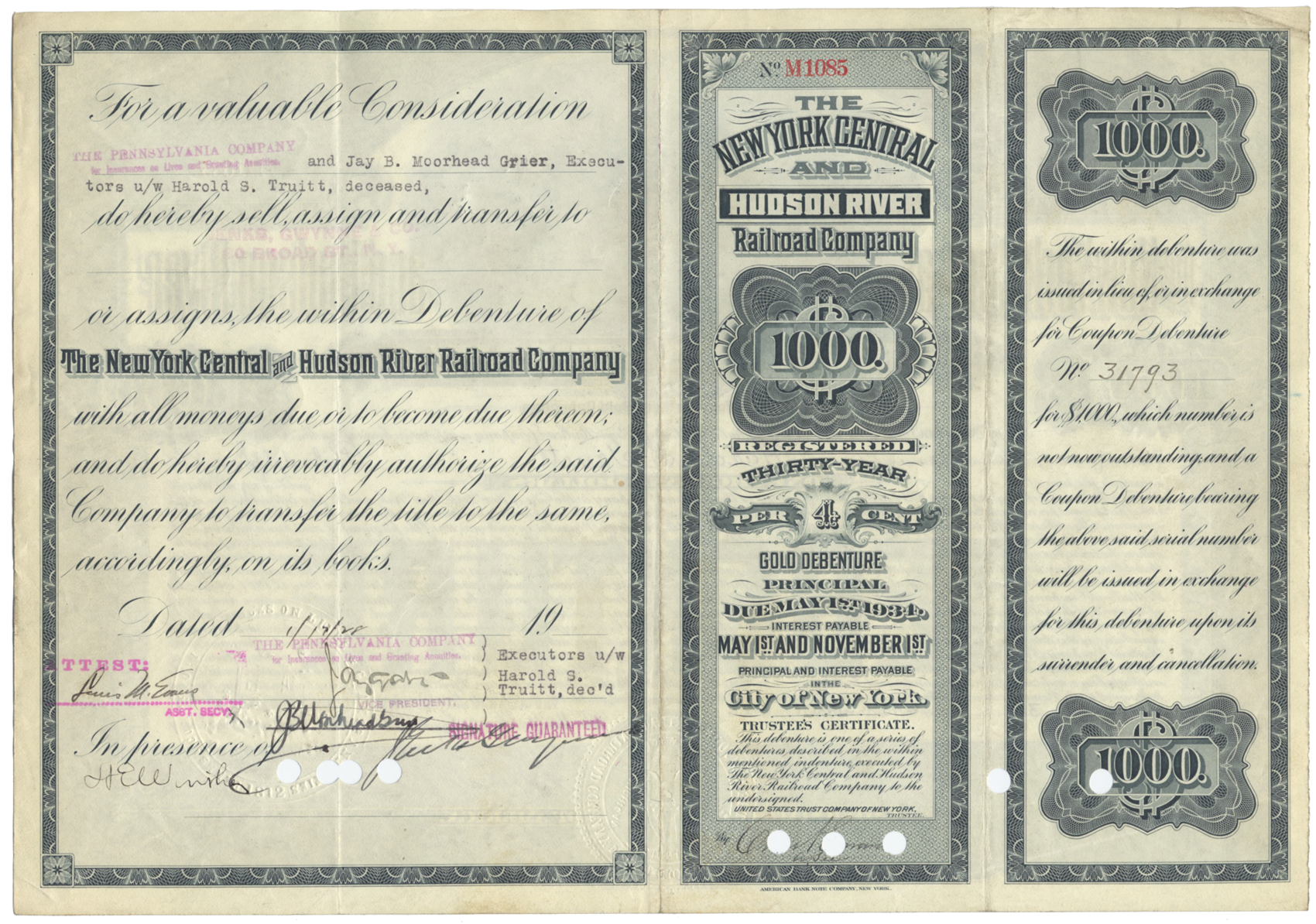 New York Central and Hudson River Railroad Company Bond Certificate